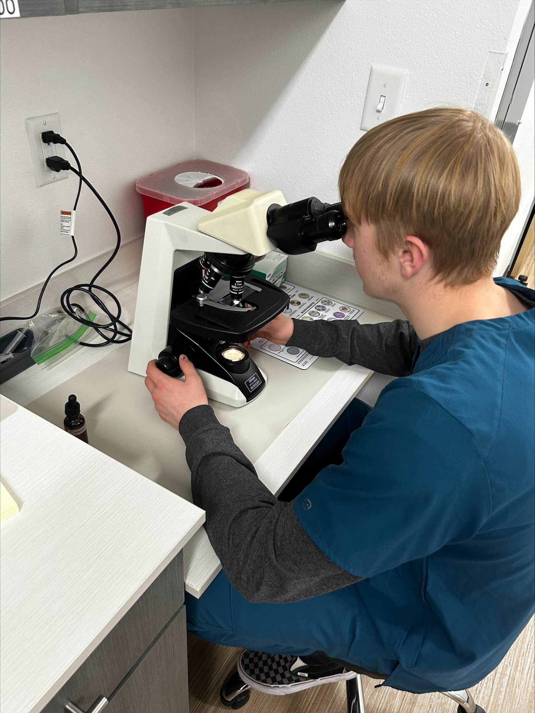 student working on a microscope